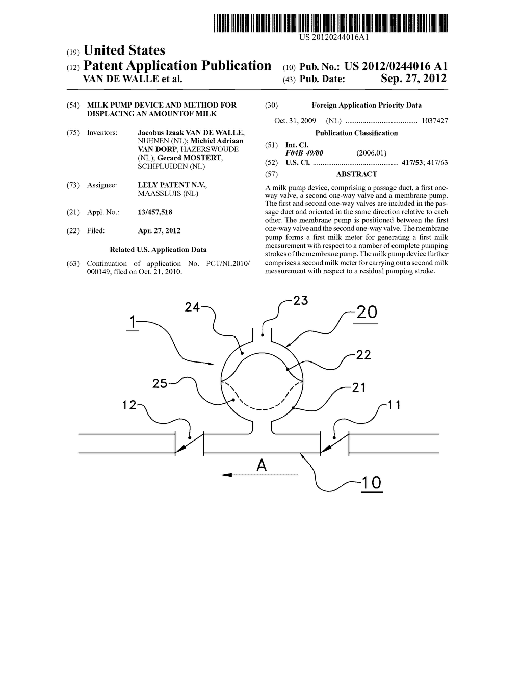 MILK PUMP DEVICE AND METHOD FOR DISPLACING AN AMOUNTOF MILK - diagram, schematic, and image 01