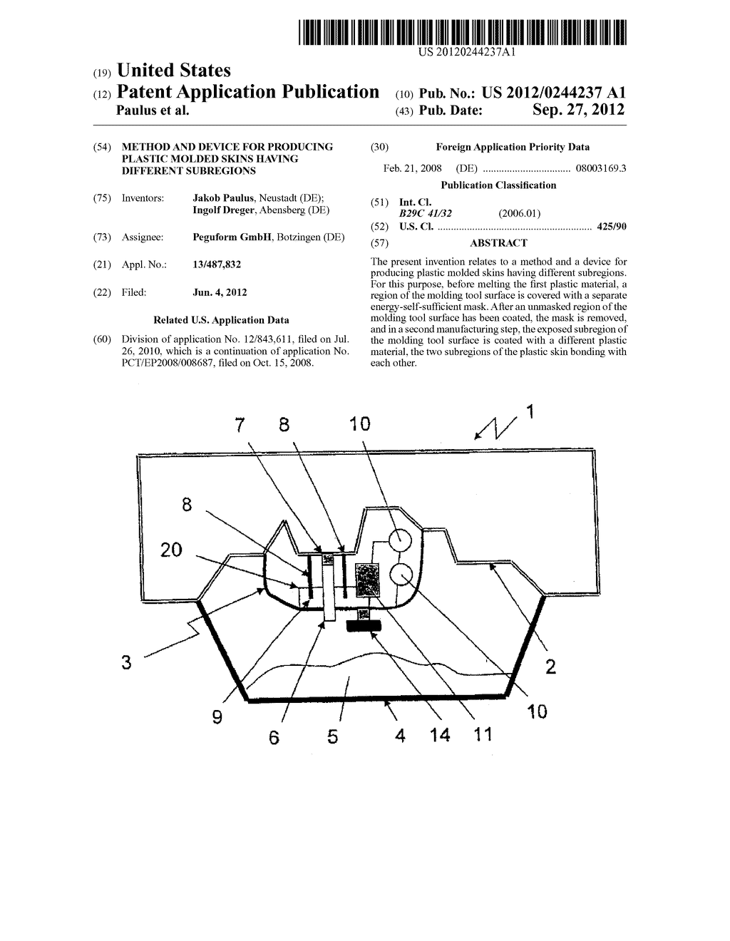 METHOD AND DEVICE FOR PRODUCING PLASTIC MOLDED SKINS HAVING DIFFERENT     SUBREGIONS - diagram, schematic, and image 01