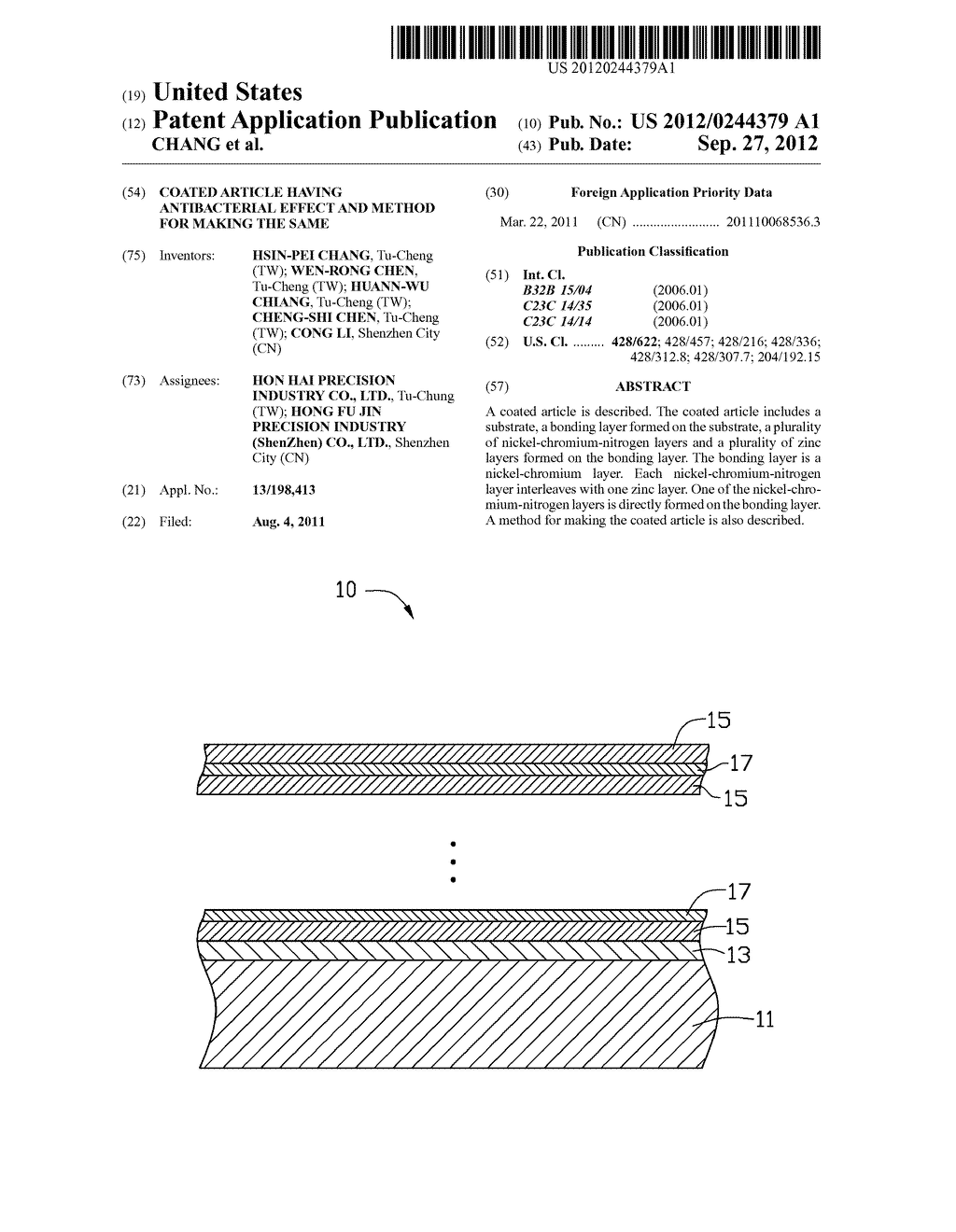 COATED ARTICLE HAVING ANTIBACTERIAL EFFECT AND METHOD FOR MAKING THE SAME - diagram, schematic, and image 01