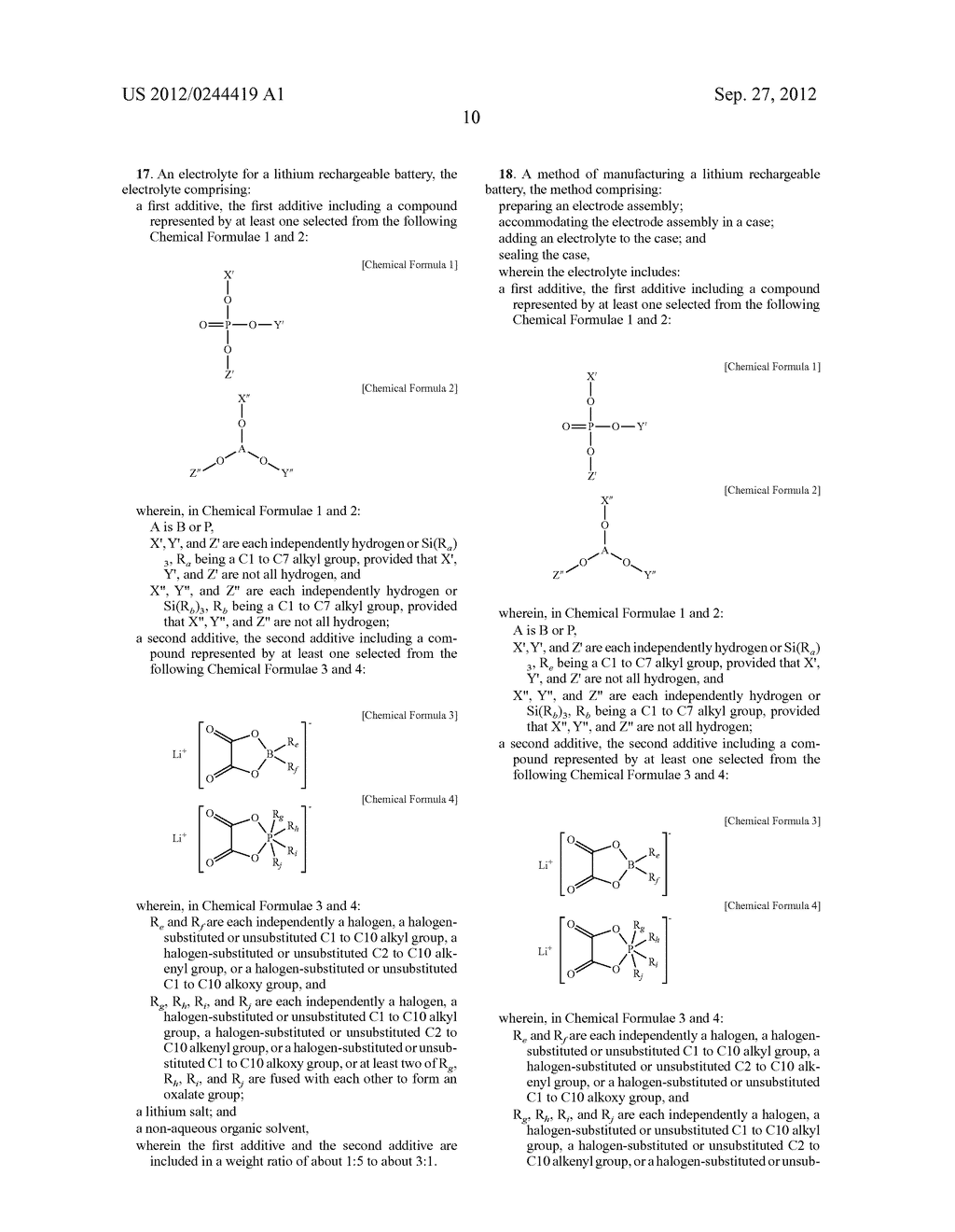 ELECTROLYTE FOR A LITHIUM RECHARGEABLE BATTERY, LITHIUM RECHARGEABLE     BATTERY INCLUDING THE SAME, AND METHOD OF MANUFACTURING A LITHIUM     RECHARGEABLE BATTERY - diagram, schematic, and image 12