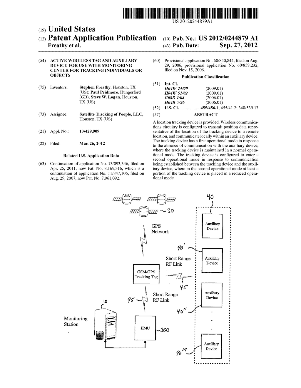 ACTIVE WIRELESS TAG AND AUXILIARY DEVICE FOR USE WITH MONITORING CENTER     FOR TRACKING INDIVIDUALS OR OBJECTS - diagram, schematic, and image 01