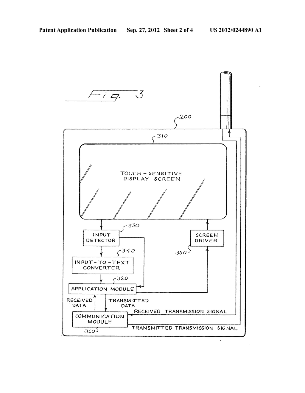 Pager with a Touch-Sensitive Display Screen and Method for Transmitting a     Message Therefrom - diagram, schematic, and image 03