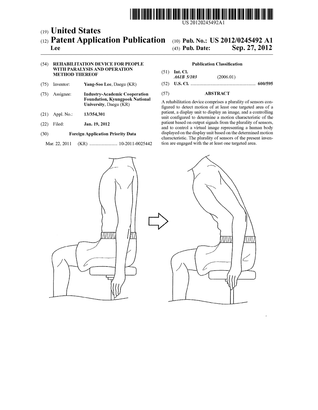 REHABILITATION DEVICE FOR PEOPLE WITH PARALYSIS AND OPERATION METHOD     THEREOF - diagram, schematic, and image 01