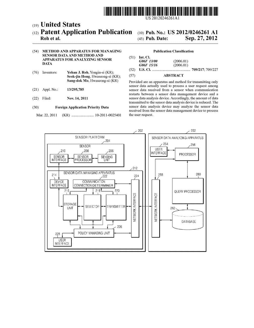 METHOD AND APPARATUS FOR MANAGING SENSOR DATA AND METHOD AND APPARATUS FOR     ANALYZING SENSOR DATA - diagram, schematic, and image 01