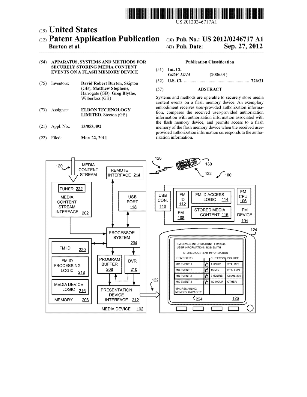 APPARATUS, SYSTEMS AND METHODS FOR SECURELY STORING MEDIA CONTENT EVENTS     ON A FLASH MEMORY DEVICE - diagram, schematic, and image 01