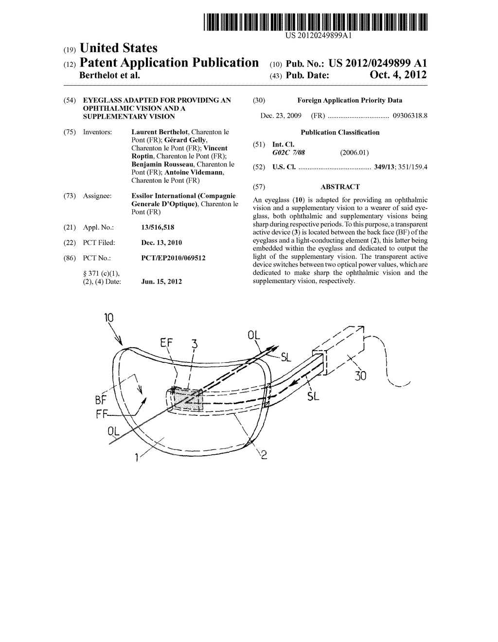 EYEGLASS ADAPTED FOR PROVIDING AN OPHTHALMIC VISION AND A SUPPLEMENTARY     VISION - diagram, schematic, and image 01