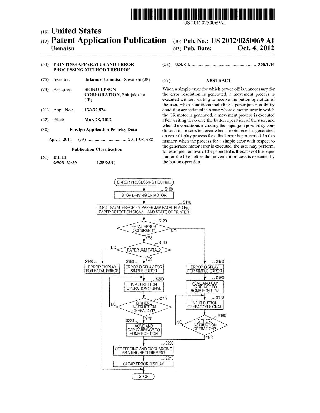 PRINTING APPARATUS AND ERROR PROCESSING METHOD THEREOF - diagram, schematic, and image 01