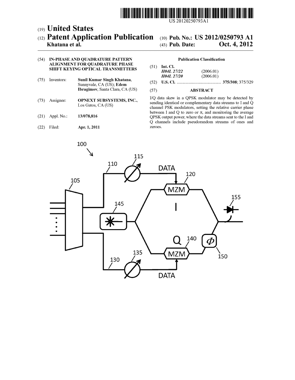 In-Phase and Quadrature Pattern Alignment for Quadrature Phase Shift     Keying Optical Transmitters - diagram, schematic, and image 01