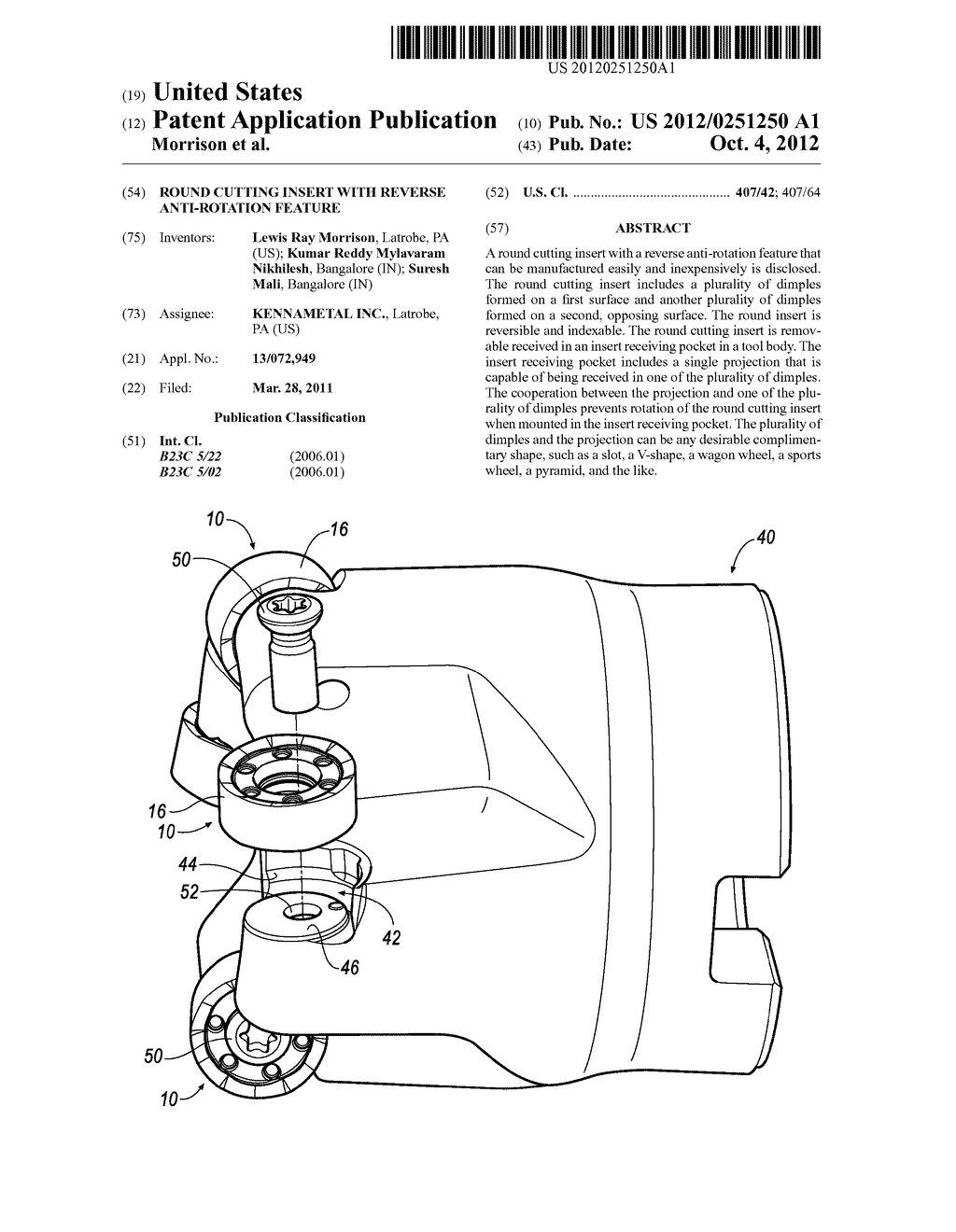 ROUND CUTTING INSERT WITH REVERSE ANTI-ROTATION FEATURE - diagram, schematic, and image 01