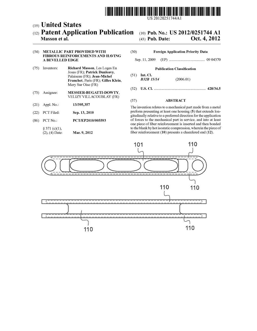 METALLIC PART PROVIDED WITH FIBROUS REINFORCEMENTS AND HAVING A BEVELLED     EDGE - diagram, schematic, and image 01