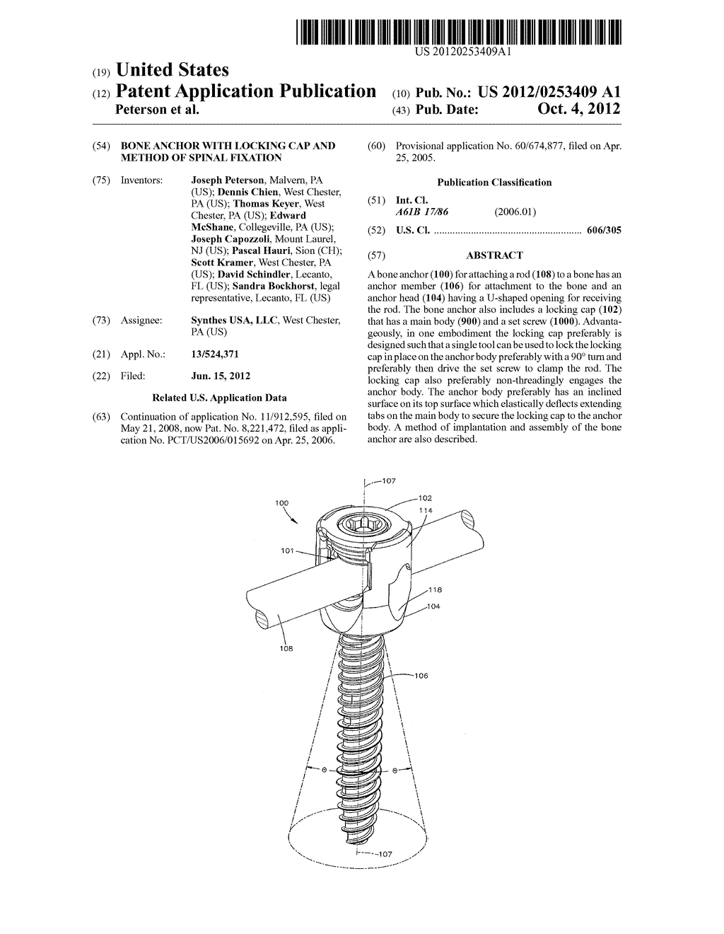 BONE ANCHOR WITH LOCKING CAP AND METHOD OF SPINAL FIXATION - diagram, schematic, and image 01