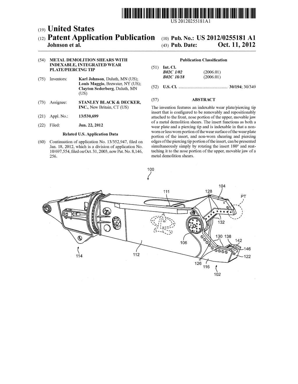 METAL DEMOLITION SHEARS WITH INDEXABLE, INTEGRATED WEAR PLATE/PIERCING TIP - diagram, schematic, and image 01