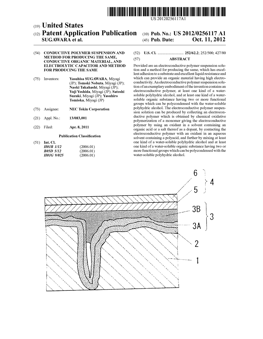 CONDUCTIVE POLYMER SUSPENSION AND METHOD FOR PRODUCING THE SAME,     CONDUCTIVE ORGANIC MATERIAL, AND ELECTROLYTIC CAPACITOR AND METHOD FOR     PRODUCING THE SAME - diagram, schematic, and image 01