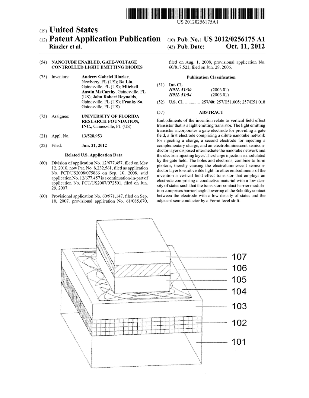 NANOTUBE ENABLED, GATE-VOLTAGE CONTROLLED LIGHT EMITTING DIODES - diagram, schematic, and image 01