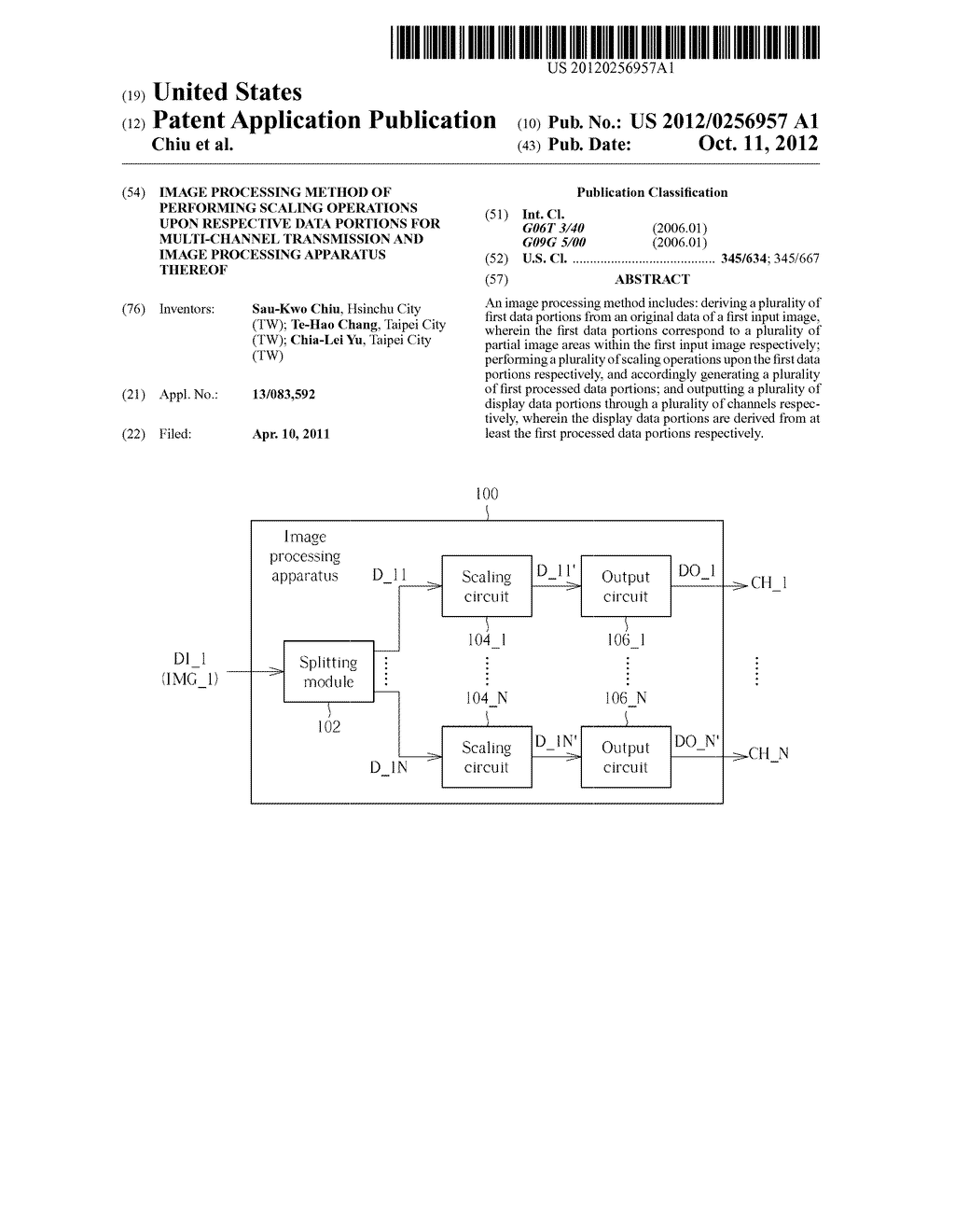 IMAGE PROCESSING METHOD OF PERFORMING SCALING OPERATIONS UPON RESPECTIVE     DATA PORTIONS FOR MULTI-CHANNEL TRANSMISSION AND IMAGE PROCESSING     APPARATUS THEREOF - diagram, schematic, and image 01