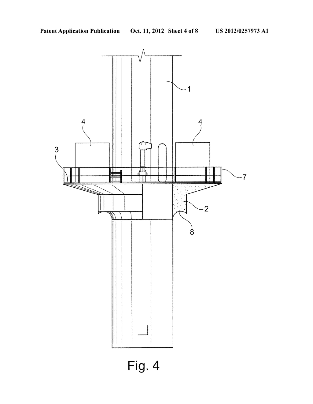 OFFSHORE WIND TURBINE HAVING A SUPPORT SYSTEM FOR INTERCHANGEABLE     CONTAINERS, THE SUPPORT SYSTEM BEING COMBINED WITH A WAVE RUN-UP     DEFLECTOR AND METHOD OF MANUFACTURING SAME - diagram, schematic, and image 05