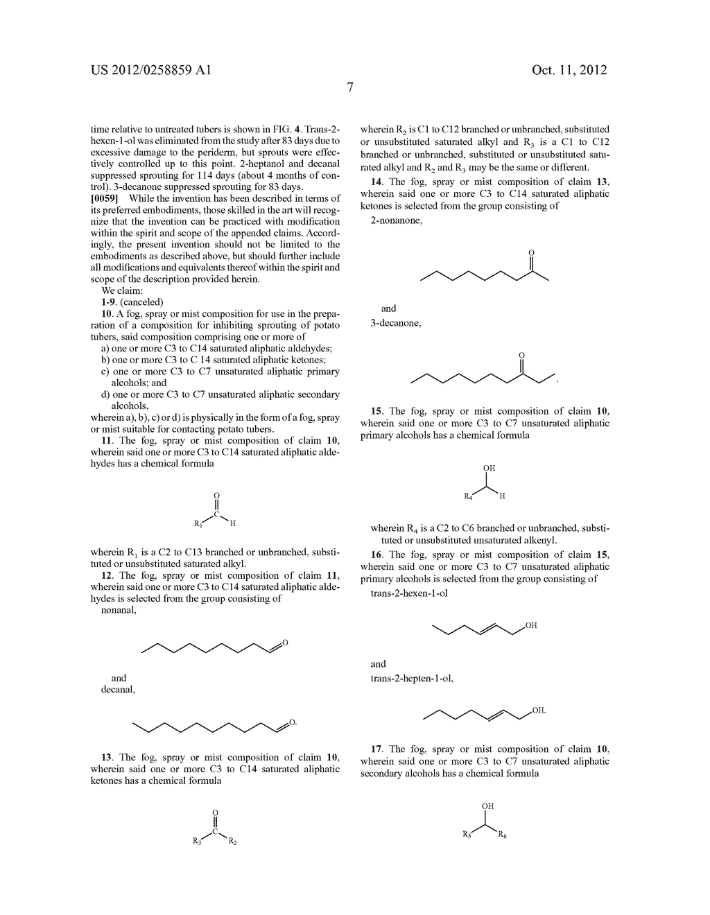 USE OF C3 TO C14 ALIPHATIC ALDEHYDES, KETONES AND PRIMARY AND SECONDARY C3     TO C7 ALIPHATIC ALCOHOLS TO INHIBIT SPROUTING OF POTATO TUBERS - diagram, schematic, and image 12