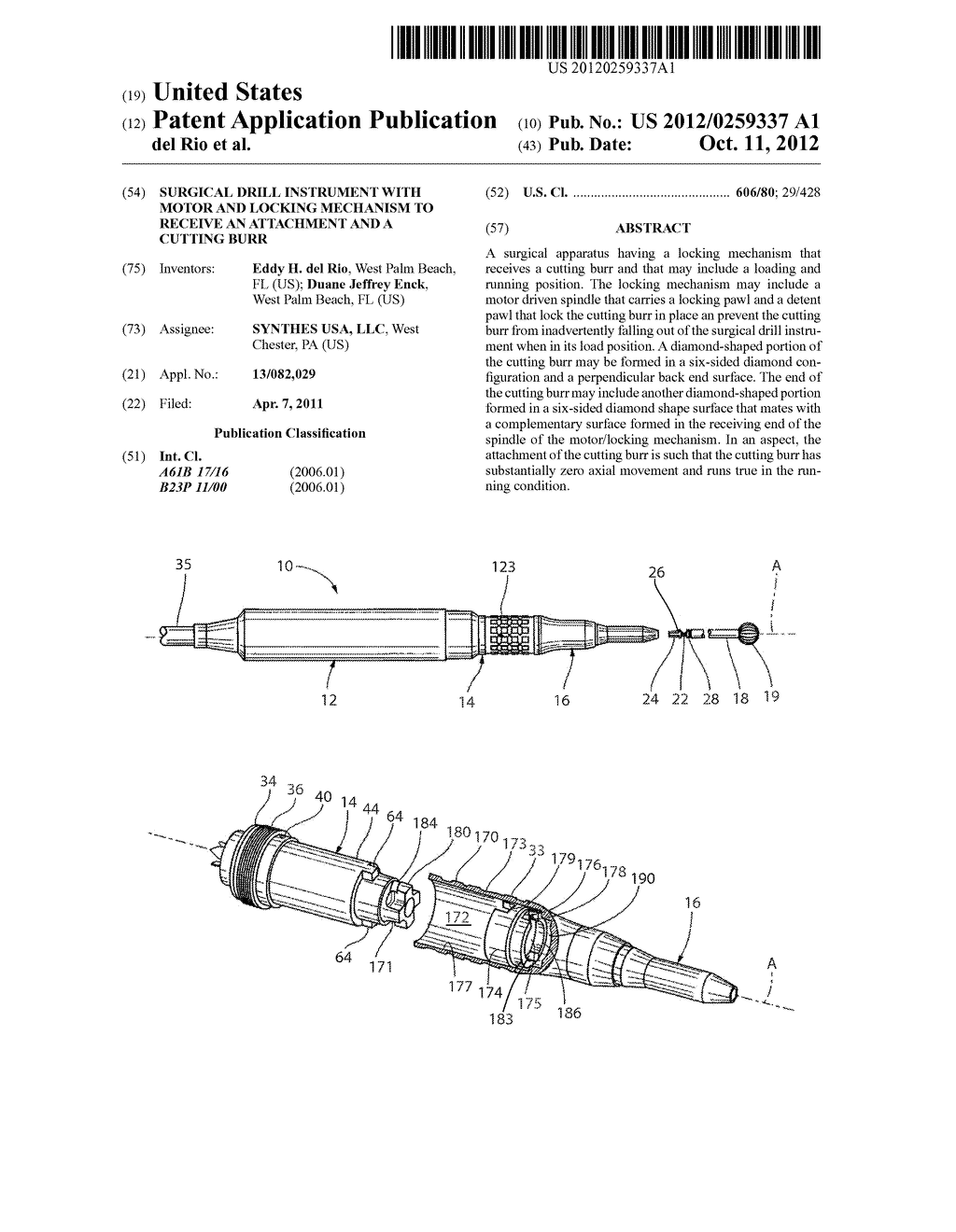 SURGICAL DRILL INSTRUMENT WITH MOTOR AND LOCKING MECHANISM TO RECEIVE AN     ATTACHMENT AND A CUTTING BURR - diagram, schematic, and image 01