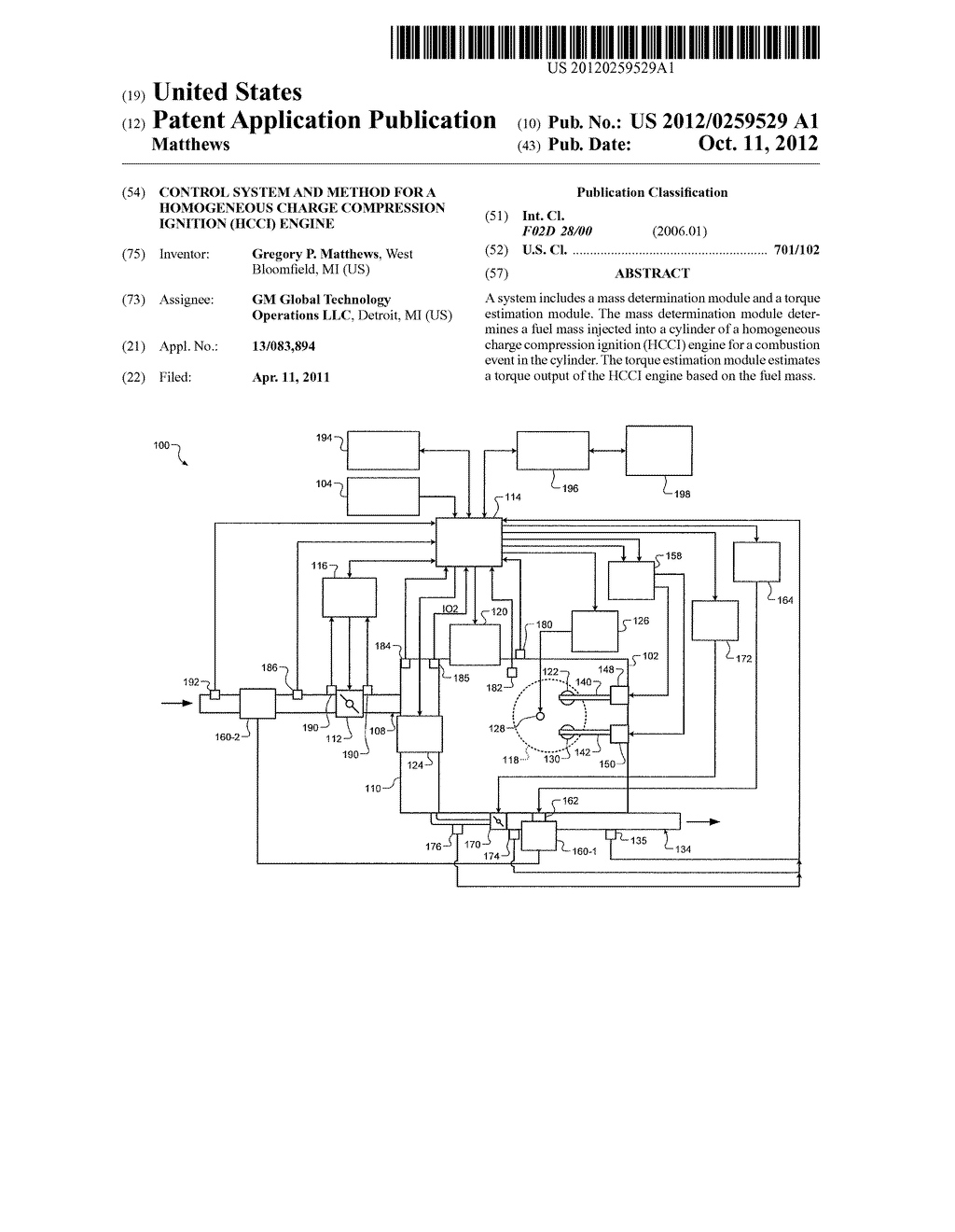 CONTROL SYSTEM AND METHOD FOR A HOMOGENEOUS CHARGE COMPRESSION IGNITION     (HCCI) ENGINE - diagram, schematic, and image 01
