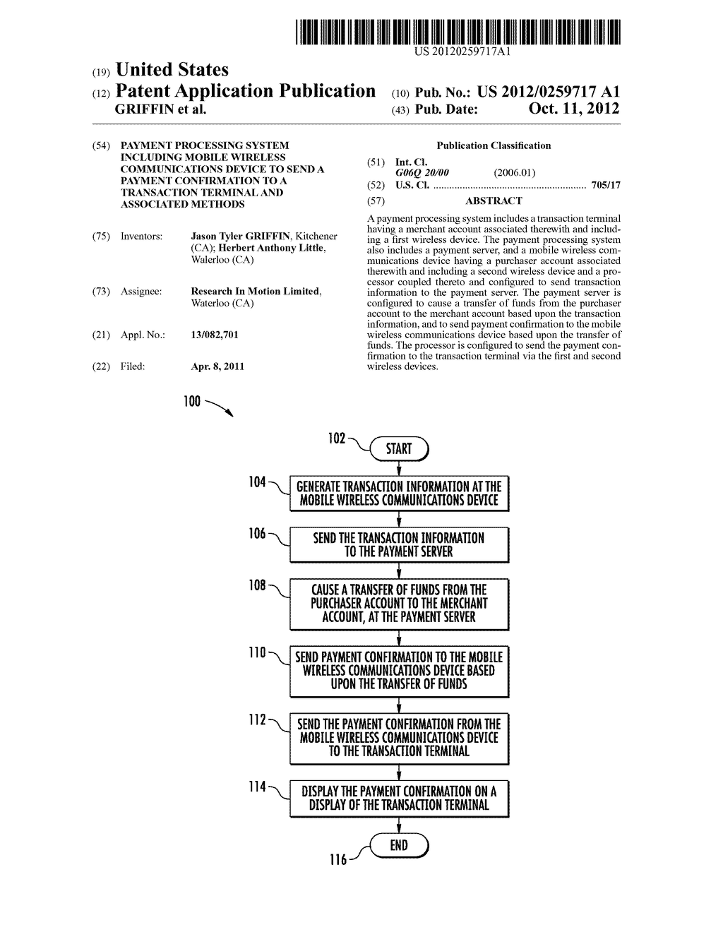 PAYMENT PROCESSING SYSTEM INCLUDING MOBILE WIRELESS COMMUNICATIONS DEVICE     TO SEND A PAYMENT CONFIRMATION TO A TRANSACTION TERMINAL AND ASSOCIATED     METHODS - diagram, schematic, and image 01