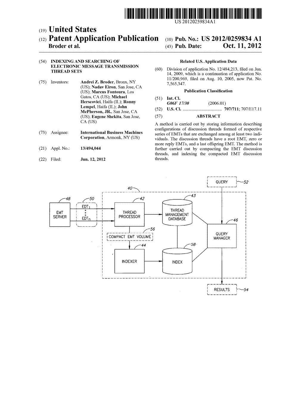 INDEXING AND SEARCHING OF ELECTRONIC MESSAGE TRANSMISSION THREAD SETS - diagram, schematic, and image 01