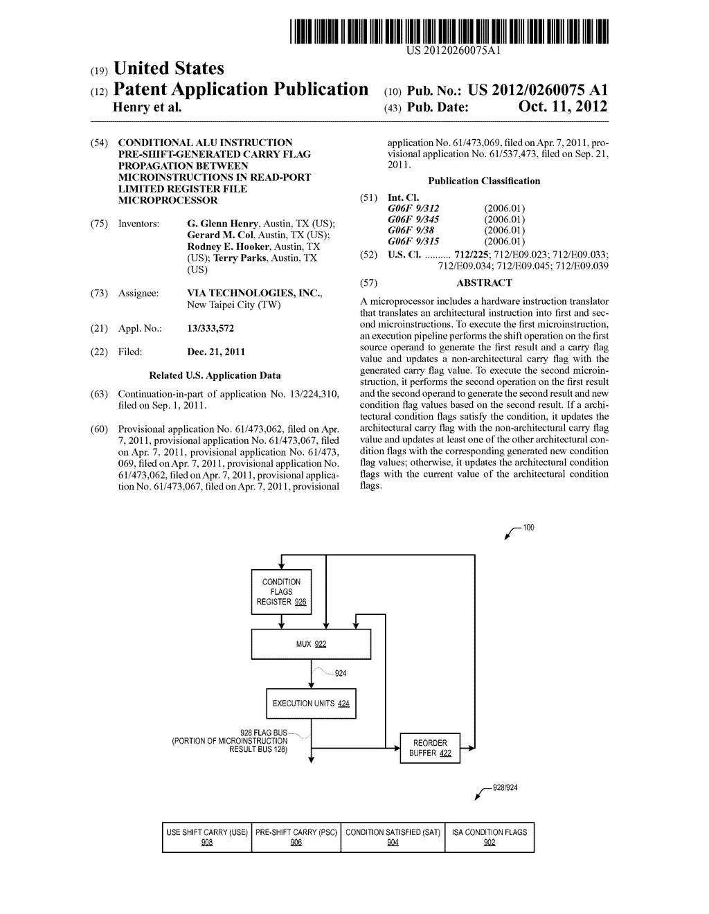 CONDITIONAL ALU INSTRUCTION PRE-SHIFT-GENERATED CARRY FLAG PROPAGATION     BETWEEN MICROINSTRUCTIONS IN READ-PORT LIMITED REGISTER FILE     MICROPROCESSOR - diagram, schematic, and image 01