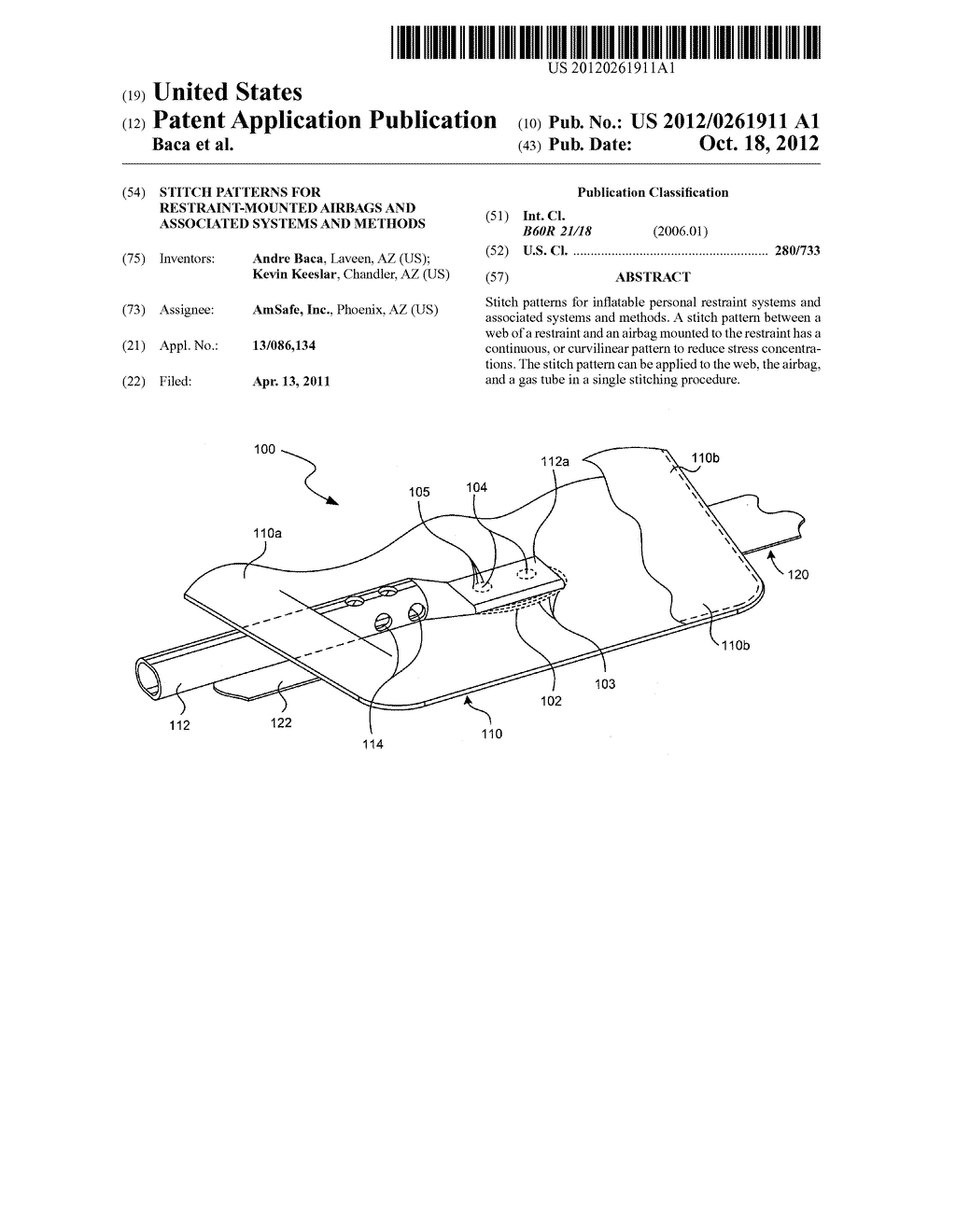 STITCH PATTERNS FOR RESTRAINT-MOUNTED AIRBAGS AND ASSOCIATED SYSTEMS AND     METHODS - diagram, schematic, and image 01