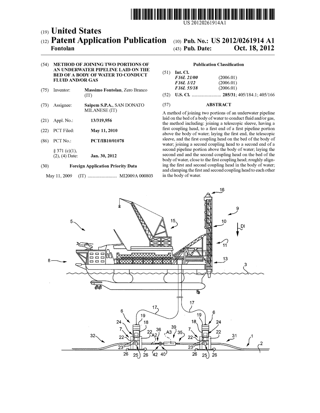 Method of Joining Two Portions of an Underwater Pipeline Laid on the Bed     of a Body of Water to Conduct Fluid and/or Gas - diagram, schematic, and image 01