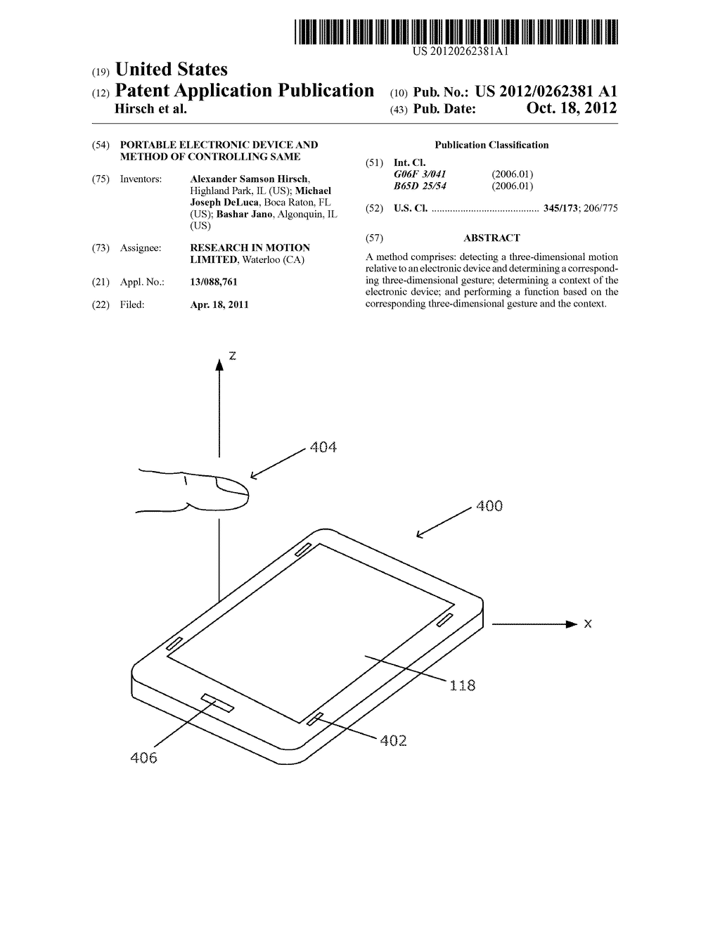 PORTABLE ELECTRONIC DEVICE AND METHOD OF CONTROLLING SAME - diagram, schematic, and image 01