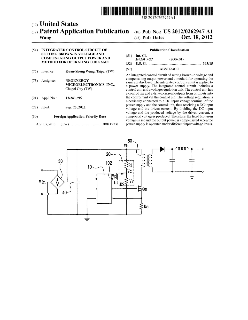 INTEGRATED CONTROL CIRCUIT OF SETTING BROWN-IN VOLTAGE AND COMPENSATING     OUTPUT POWER AND METHOD FOR OPERATING THE SAME - diagram, schematic, and image 01