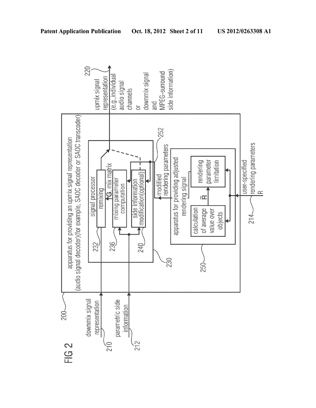 APPARATUS, METHOD AND COMPUTER PROGRAM FOR PROVIDING ONE OR MORE ADJUSTED     PARAMETERS FOR PROVISION OF AN UPMIX SIGNAL REPRESENTATION ON THE BASIS     OF A DOWNMIX SIGNAL REPRESENTATION AND A PARAMETRIC SIDE INFORMATION     ASSOCIATED WITH THE DOWNMIX SIGNAL REPRESENTATION, USING AN AVERAGE VALUE - diagram, schematic, and image 03