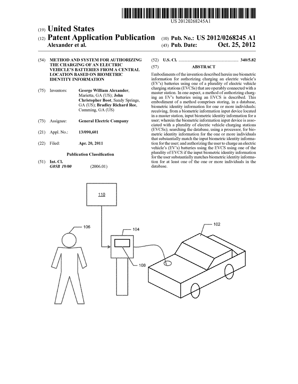 METHOD AND SYSTEM FOR AUTHORIZING THE CHARGING OF AN ELECTRIC VEHICLE'S     BATTERIES FROM A CENTRAL LOCATION BASED ON BIOMETRIC IDENTITY INFORMATION - diagram, schematic, and image 01