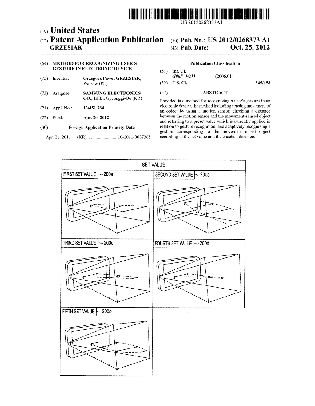 METHOD FOR RECOGNIZING USER'S GESTURE IN ELECTRONIC DEVICE - diagram, schematic, and image 01