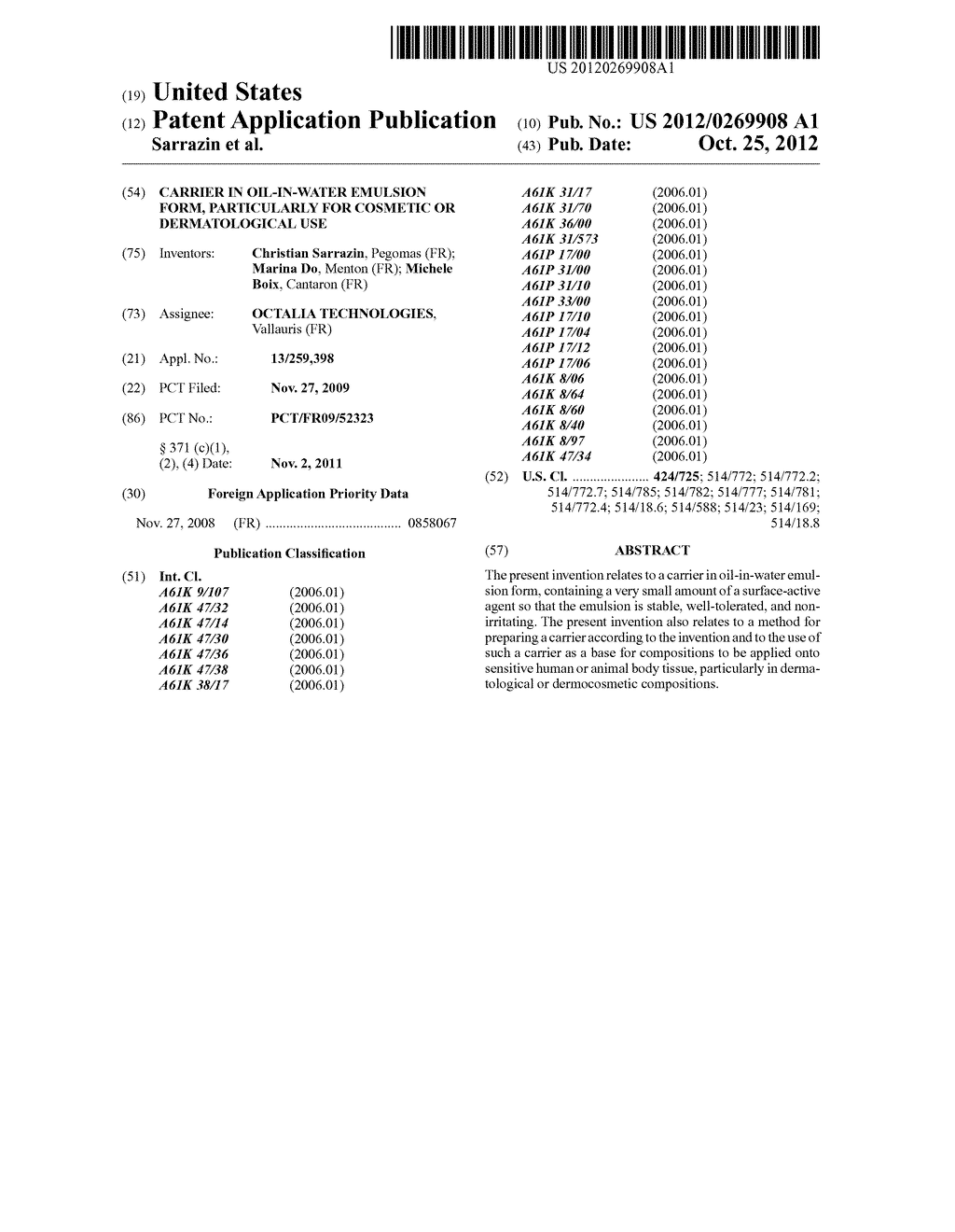 CARRIER IN OIL-IN-WATER EMULSION FORM, PARTICULARLY FOR COSMETIC OR     DERMATOLOGICAL USE - diagram, schematic, and image 01