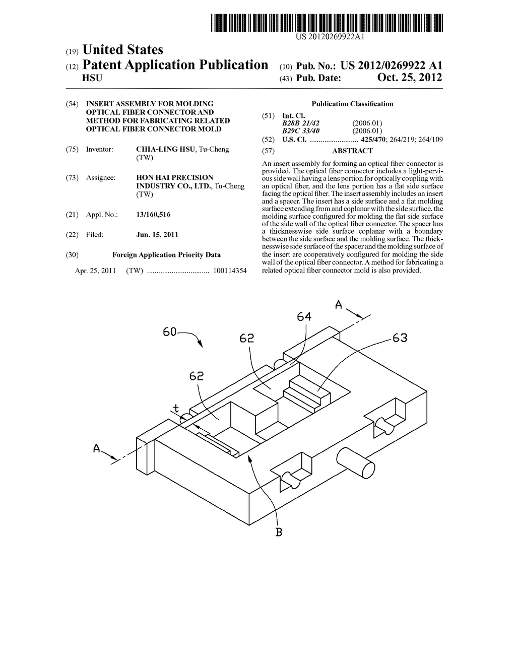 INSERT ASSEMBLY FOR MOLDING OPTICAL FIBER CONNECTOR AND METHOD FOR     FABRICATING RELATED OPTICAL FIBER CONNECTOR MOLD - diagram, schematic, and image 01