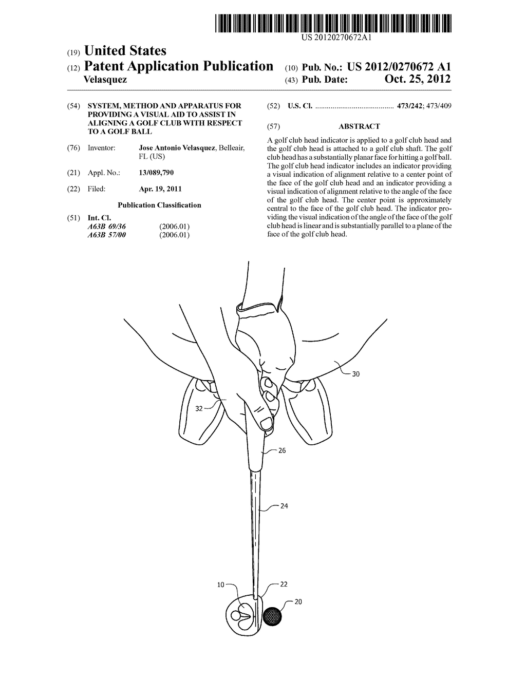 SYSTEM, METHOD AND APPARATUS FOR PROVIDING A VISUAL AID TO ASSIST IN     ALIGNING A GOLF CLUB WITH RESPECT TO A GOLF BALL - diagram, schematic, and image 01