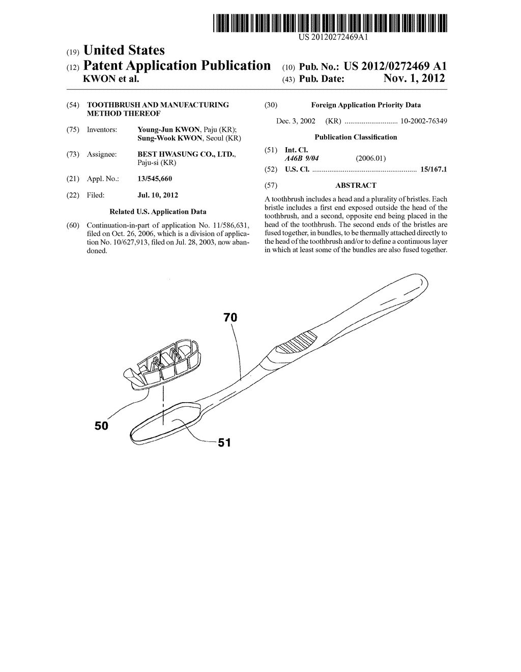 TOOTHBRUSH AND MANUFACTURING METHOD THEREOF - diagram, schematic, and image 01