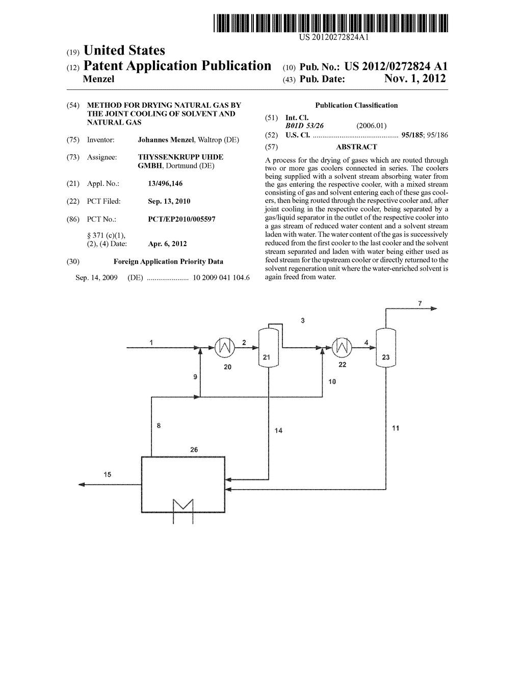 METHOD FOR DRYING NATURAL GAS BY THE JOINT COOLING OF SOLVENT AND NATURAL     GAS - diagram, schematic, and image 01