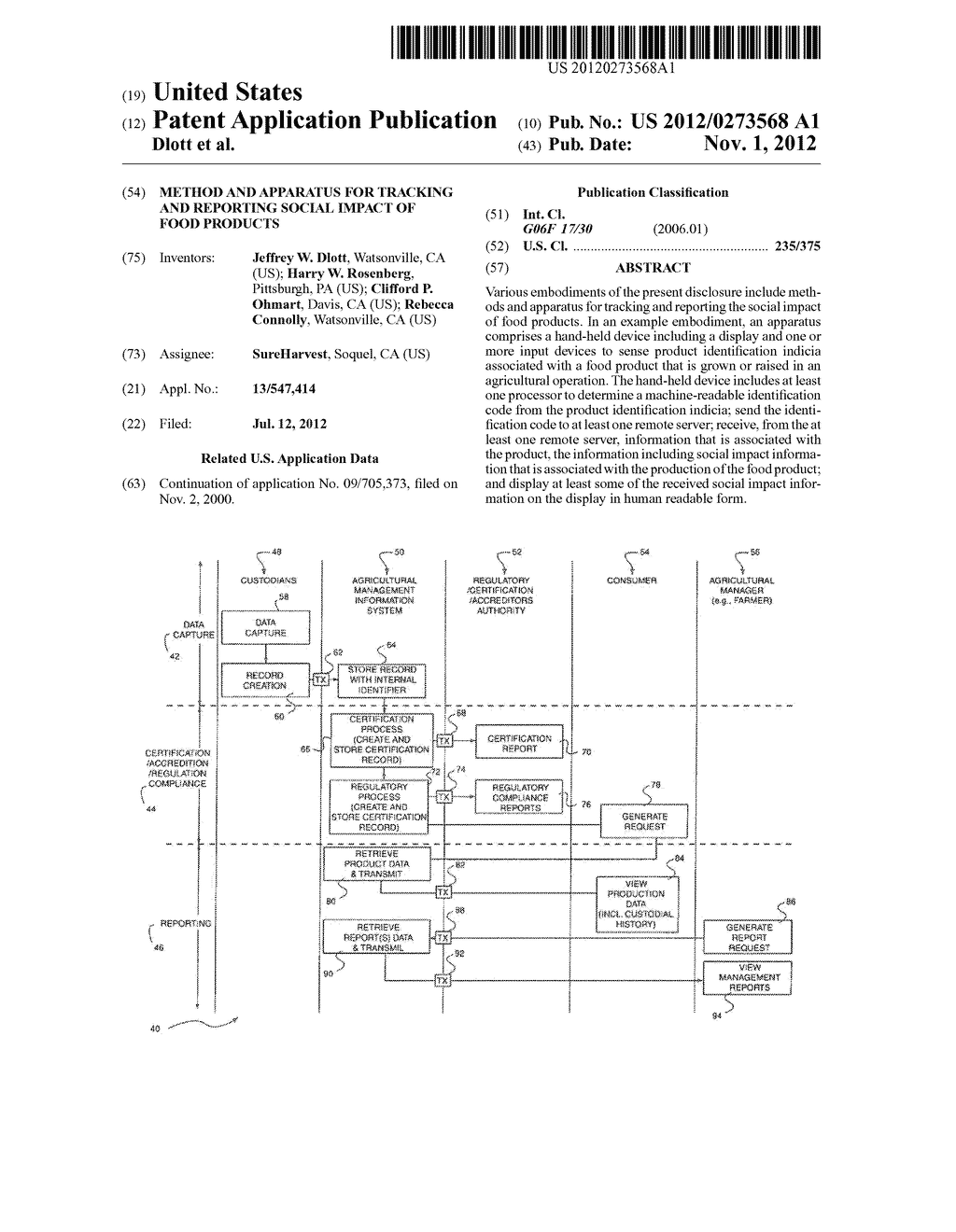 METHOD AND APPARATUS FOR TRACKING AND REPORTING SOCIAL IMPACT OF FOOD     PRODUCTS - diagram, schematic, and image 01