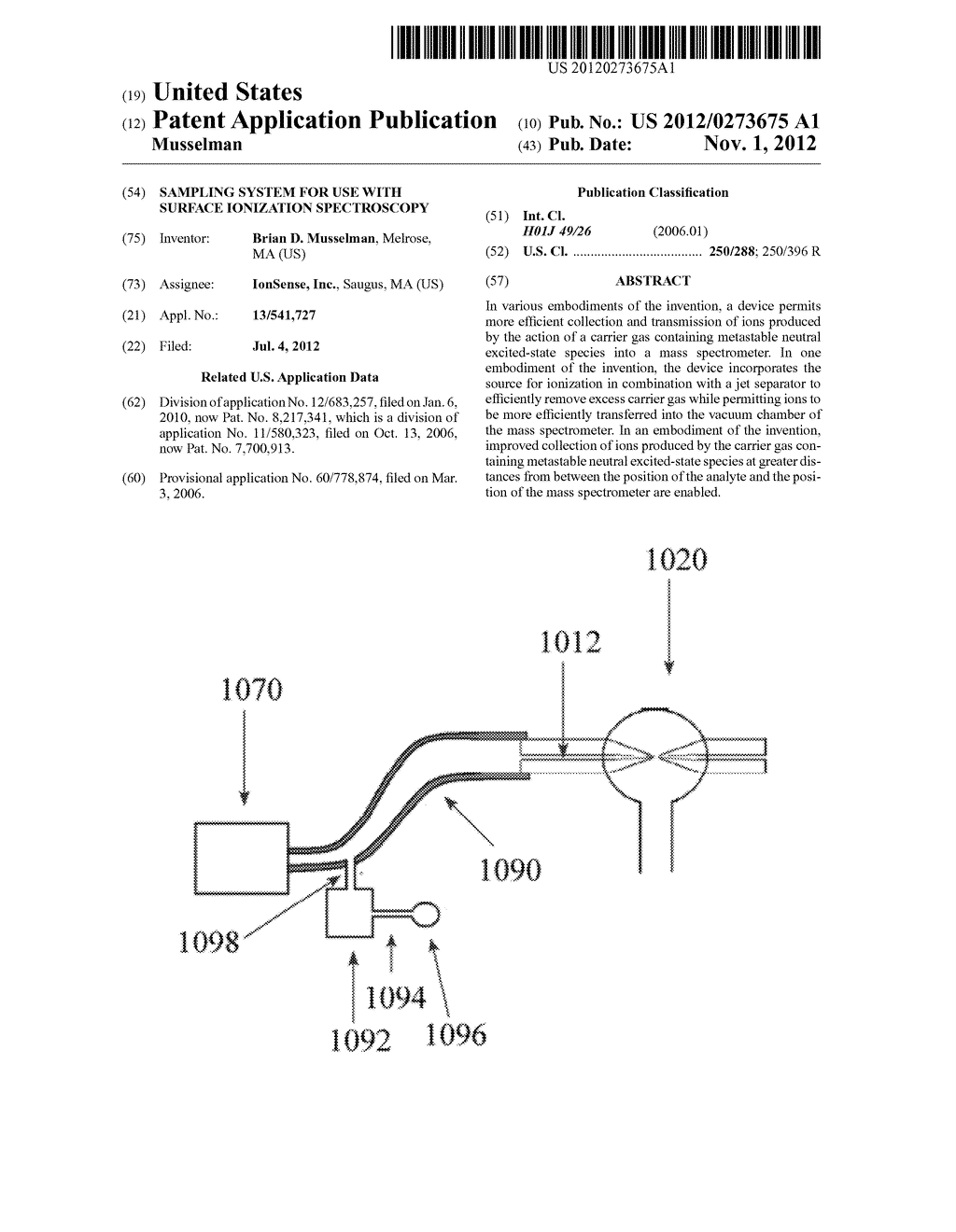 SAMPLING SYSTEM FOR USE WITH SURFACE IONIZATION SPECTROSCOPY - diagram, schematic, and image 01