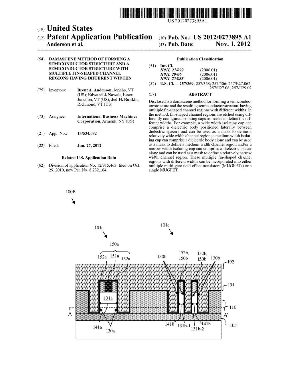 DAMASCENE METHOD OF FORMING A SEMICONDUCTOR STRUCTURE AND A SEMICONDUCTOR     STRUCTURE WITH MULTIPLE FIN-SHAPED CHANNEL REGIONS HAVING DIFFERENT     WIDTHS - diagram, schematic, and image 01