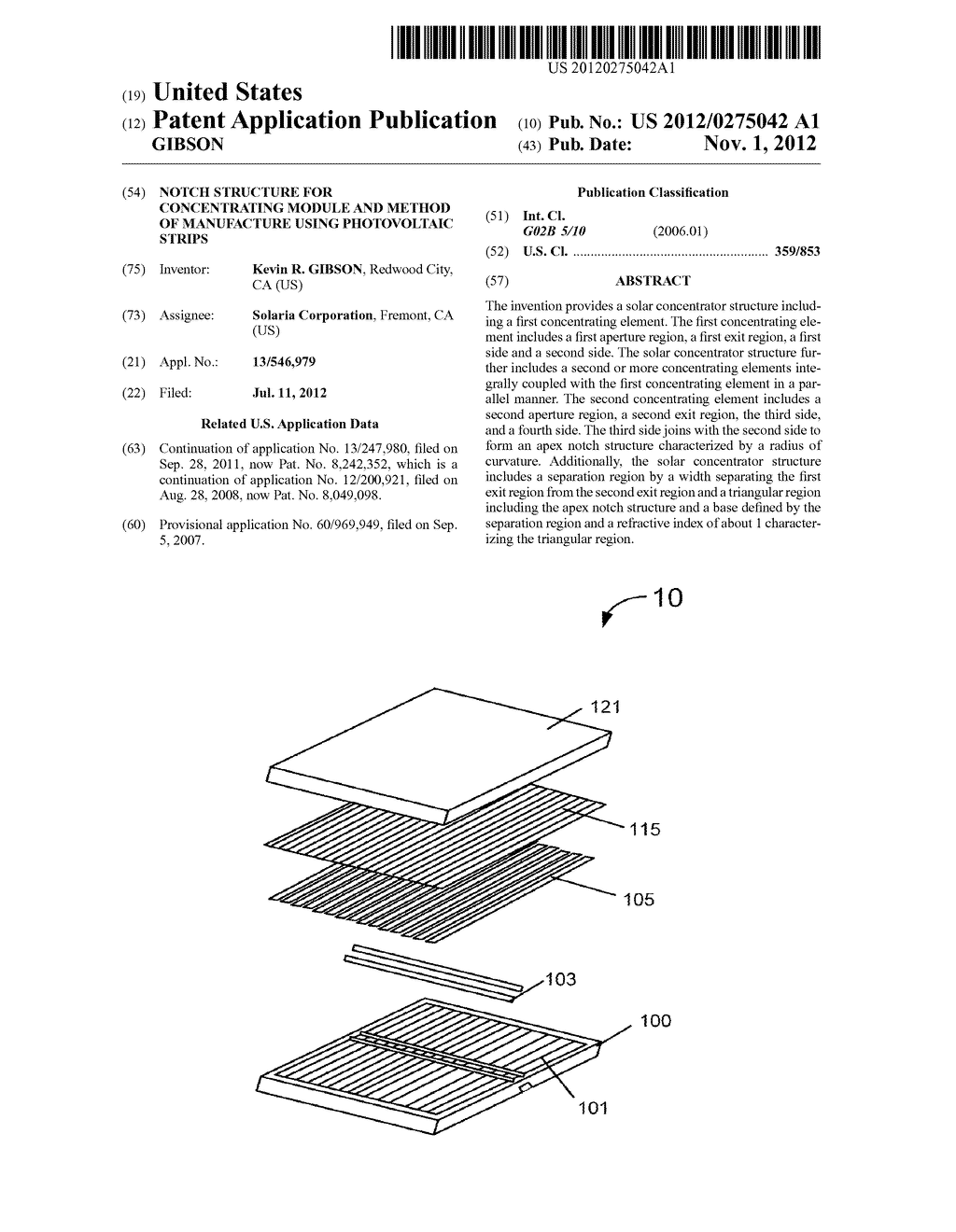 NOTCH STRUCTURE FOR CONCENTRATING MODULE AND METHOD OF MANUFACTURE USING     PHOTOVOLTAIC STRIPS - diagram, schematic, and image 01