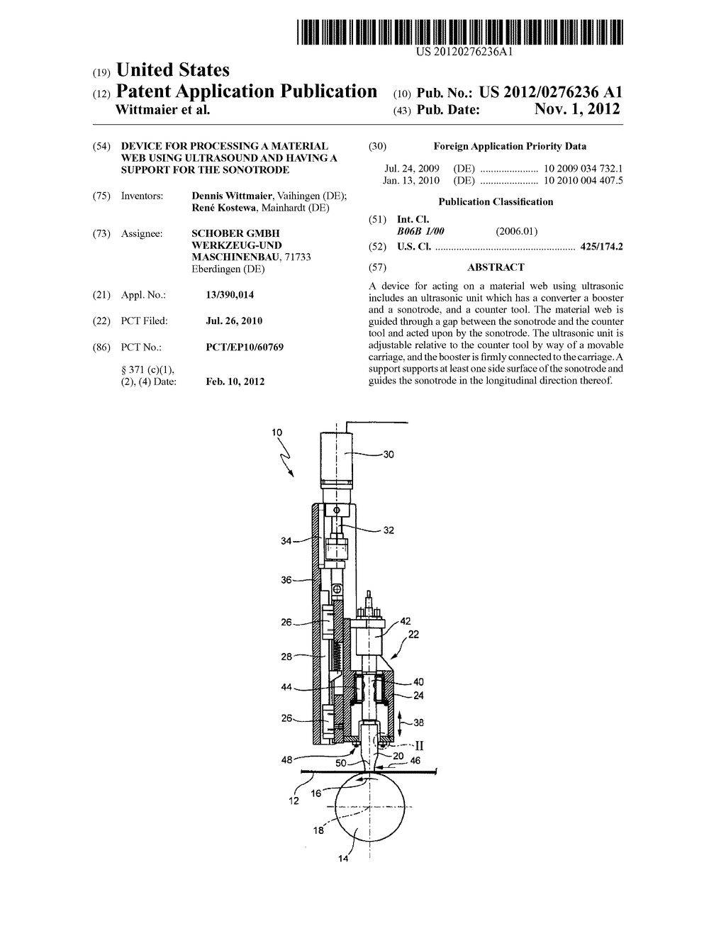 DEVICE FOR PROCESSING A MATERIAL WEB USING ULTRASOUND AND HAVING A SUPPORT     FOR THE SONOTRODE - diagram, schematic, and image 01