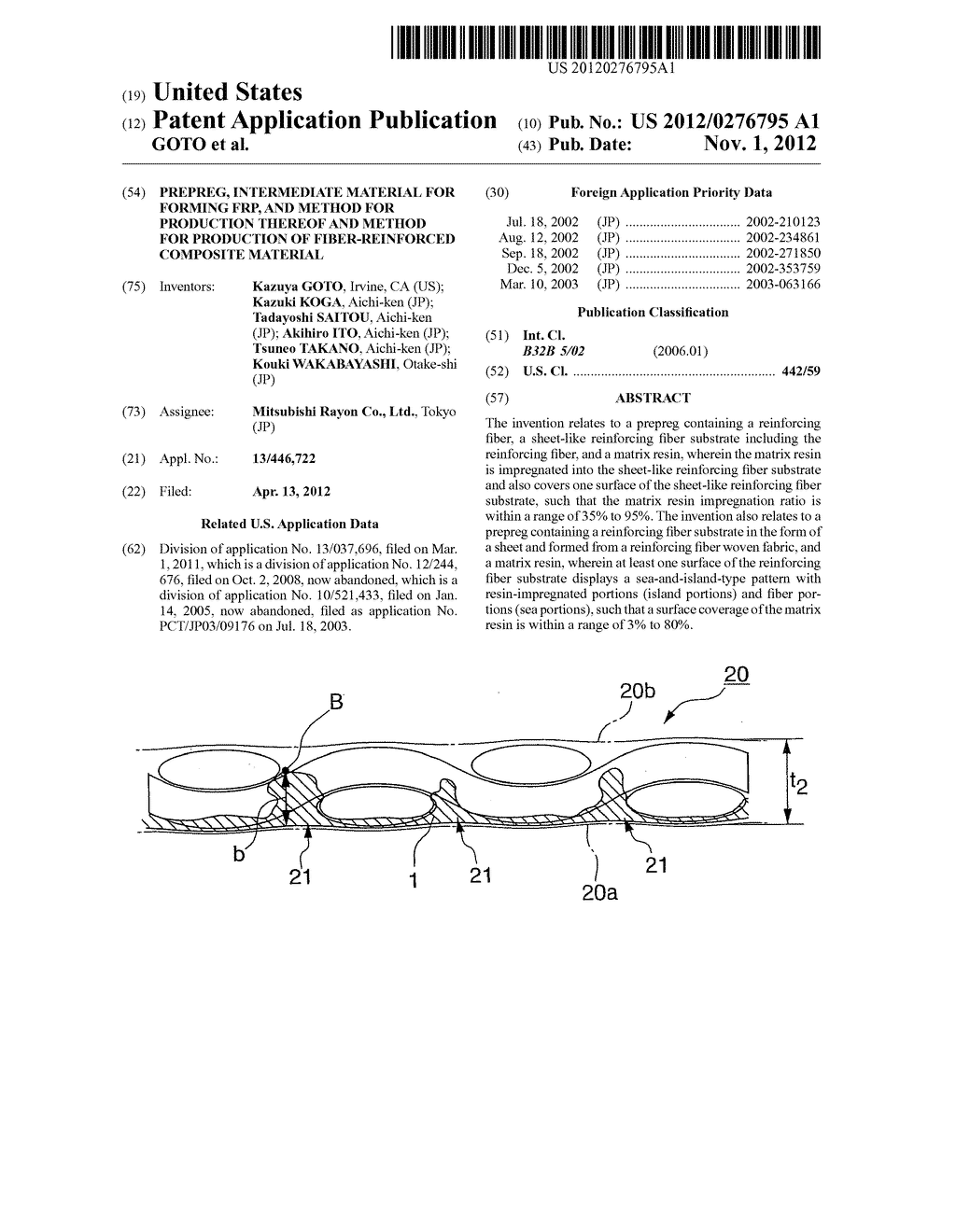 PREPREG, INTERMEDIATE MATERIAL FOR FORMING FRP, AND METHOD FOR PRODUCTION     THEREOF AND METHOD FOR PRODUCTION OF FIBER-REINFORCED COMPOSITE MATERIAL - diagram, schematic, and image 01