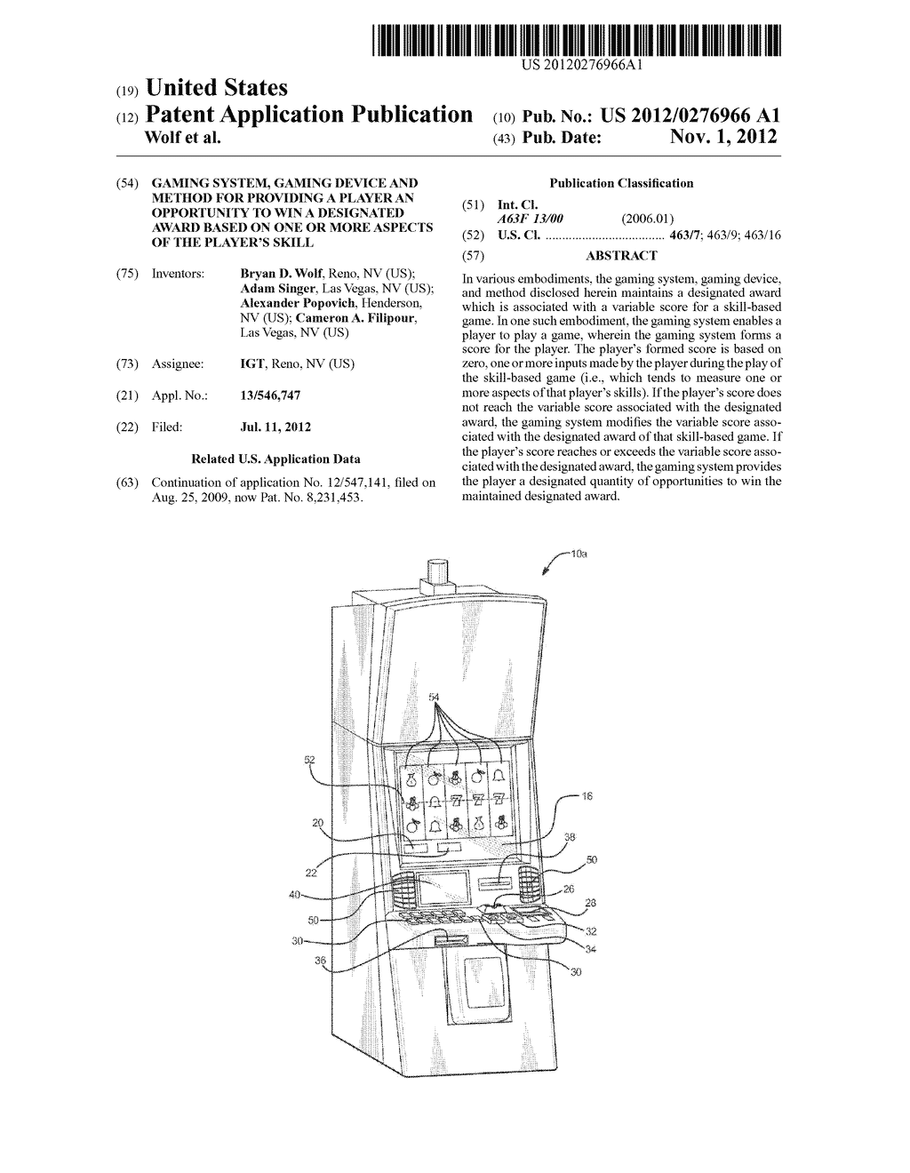 Gaming System, Gaming Device and Method for Providing a Player an     Opportunity to Win a Designated Award Based on One or More Aspects of the     Player's Skill - diagram, schematic, and image 01