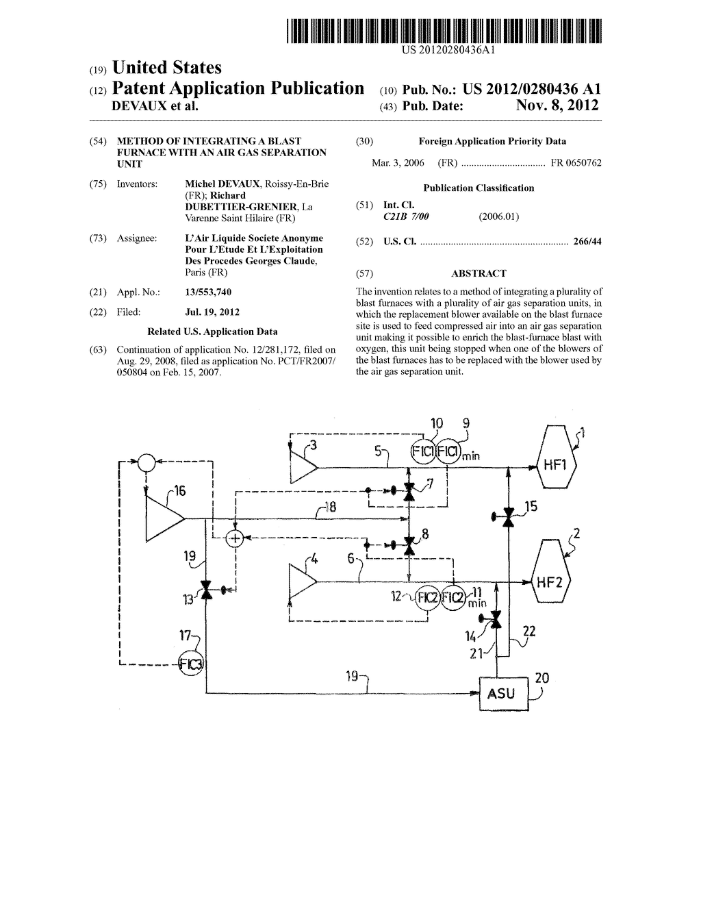 Method of integrating a blast furnace with an air gas separation unit - diagram, schematic, and image 01