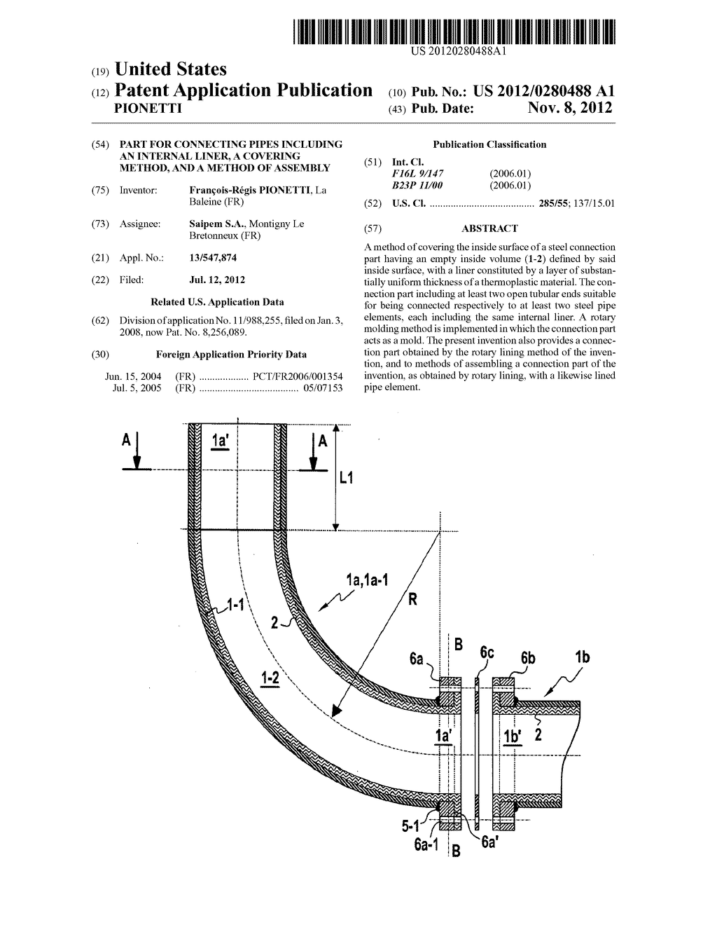 Part for connecting pipes including an internal liner, a covering method,     and a method of assembly - diagram, schematic, and image 01