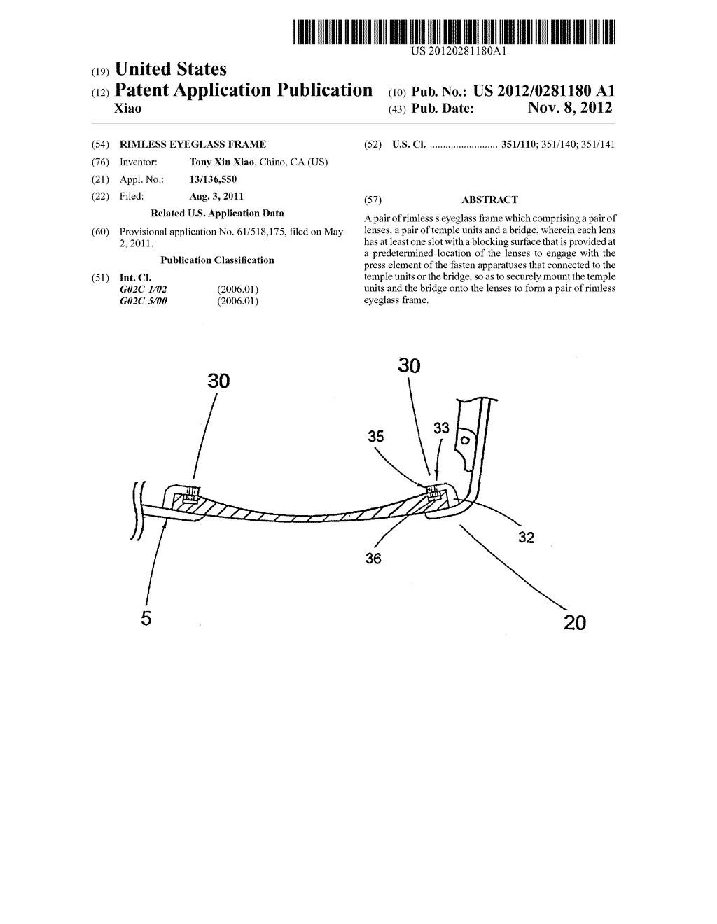 Rimless eyeglass frame - diagram, schematic, and image 01