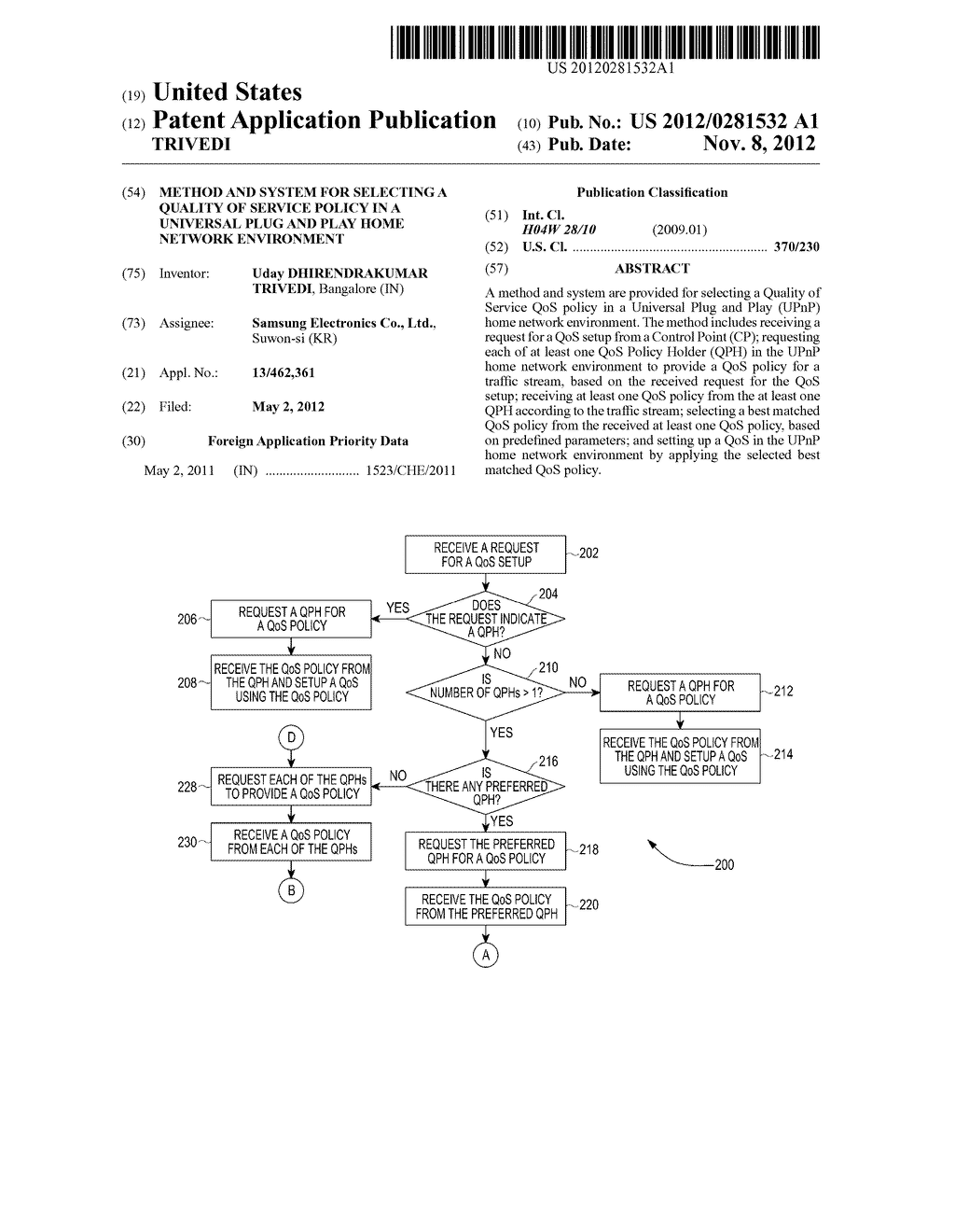 METHOD AND SYSTEM FOR SELECTING A QUALITY OF SERVICE POLICY IN A UNIVERSAL     PLUG AND PLAY HOME NETWORK ENVIRONMENT - diagram, schematic, and image 01