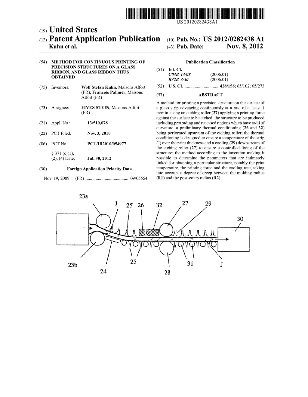 METHOD FOR CONTINUOUS PRINTING OF PRECISION STRUCTURES ON A GLASS RIBBON,     AND GLASS RIBBON THUS OBTAINED - diagram, schematic, and image 01